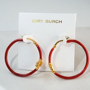 18K Gold plated Kira Tory Burch Red and Gold Hoop Earrings